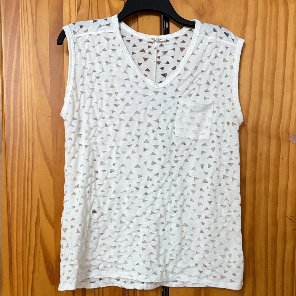 PROMESA RAW-EDGE TANK TOP WOMEN WHITE V-NECK SHEER MESH TRIANGLE CUT-OUT DESIGN